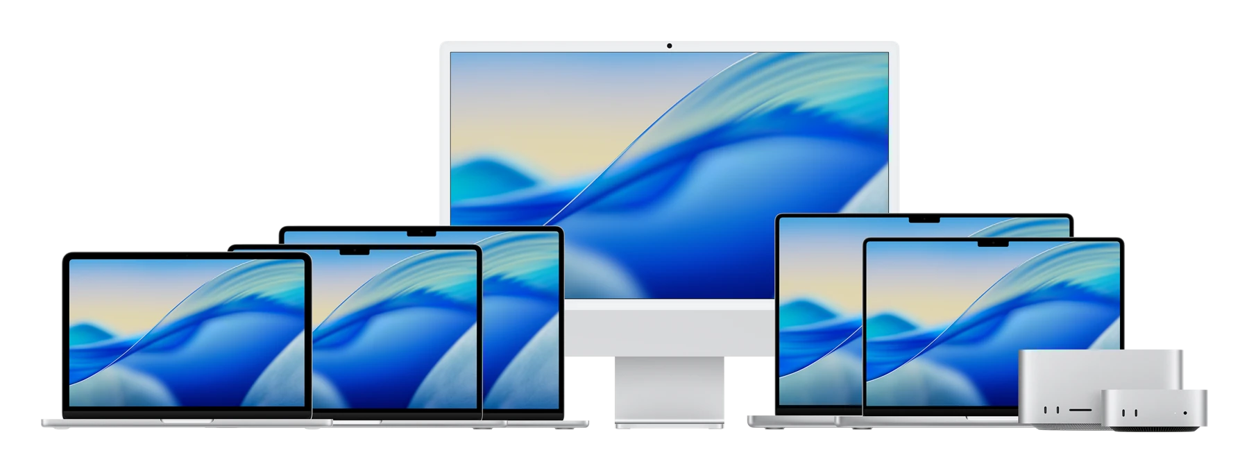 The Mac family, including MacBook laptops and desktop computers