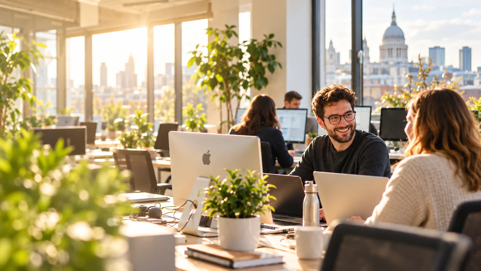 Illustrative London office scene: an IT specialist helping a colleague, with St Paul’s Cathedral visible through the windows